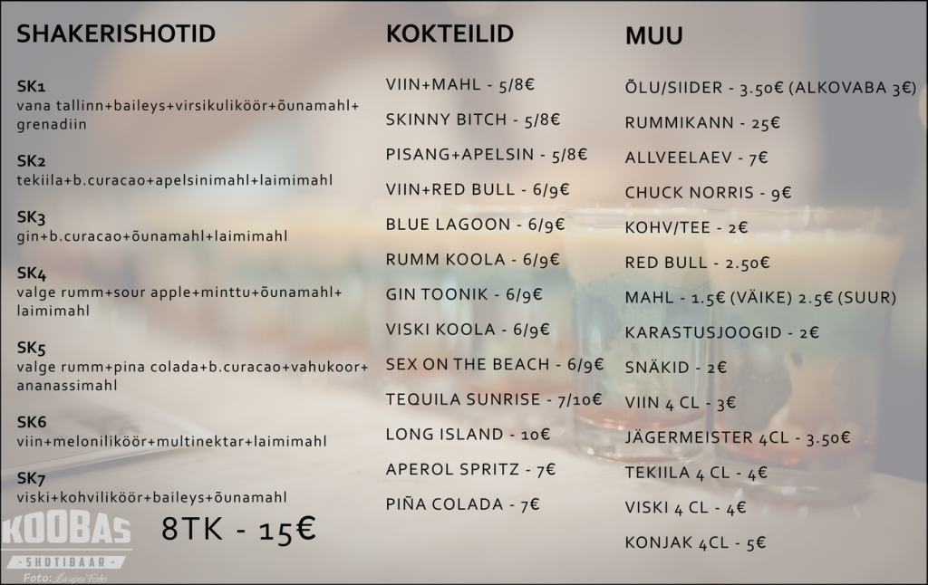 kokteili menüü